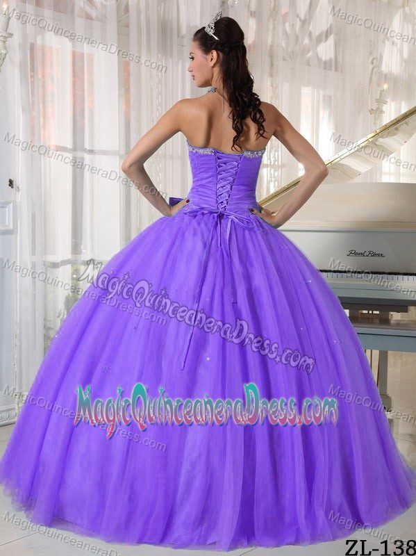 Lavender Sweetheart Tulle Beaded Quince Dress with Bowknot in Vienna