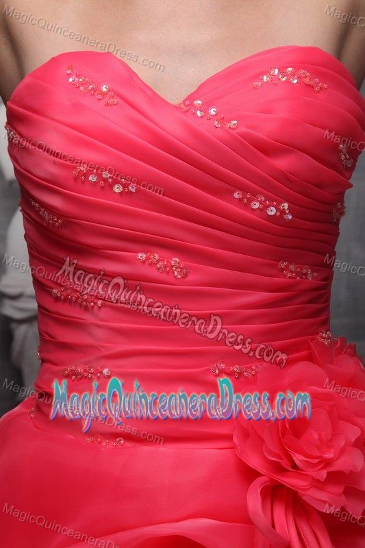 Sweetheart Organza Beaded Ruched Quinceanera Dress in Coral Red in Bothell