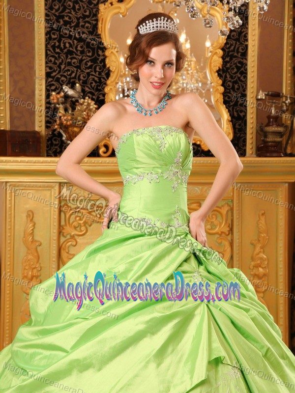 Spring Green Strapless Floor-length Taffeta Quince Dress with Beading in Racine