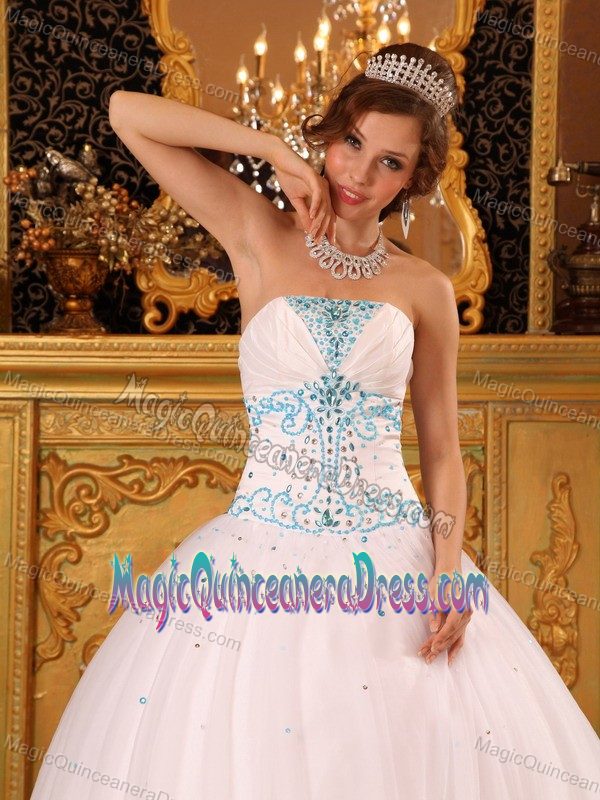White Strapless Satin and Organza Quinceanera Gowns with Beading in Madison
