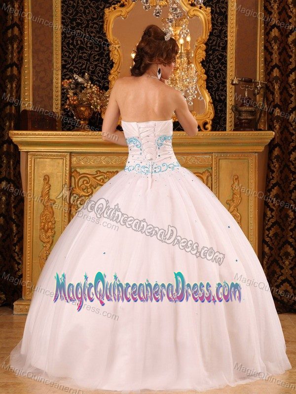 White Strapless Satin and Organza Quinceanera Gowns with Beading in Madison