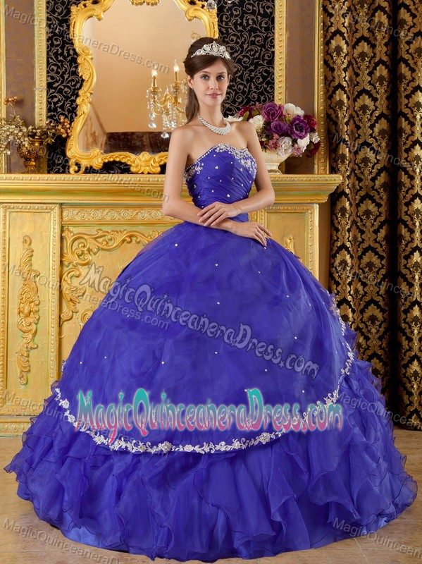 Blue Strapless Organza Appliqued Quinceanera Dress in Blue in Eau Claire