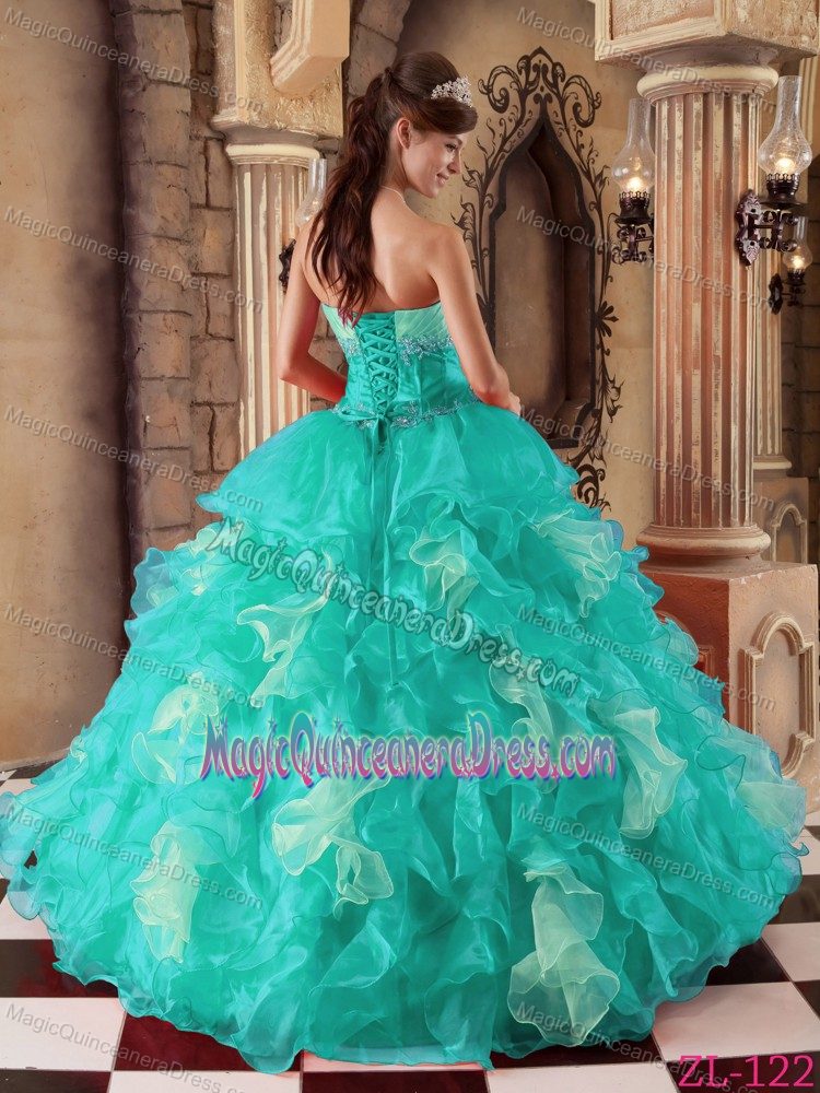Strapless Organza Beaded Ruffled Quinceanera Gowns in Aqua Blue in Herndon