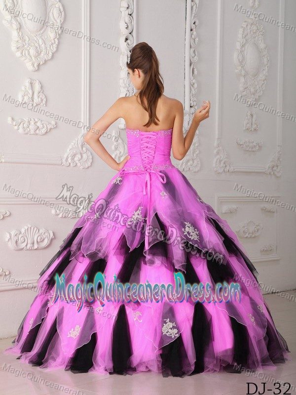 Strapless Organza Appliqued Quinceanera Gown Dress in Hot Pink and Black