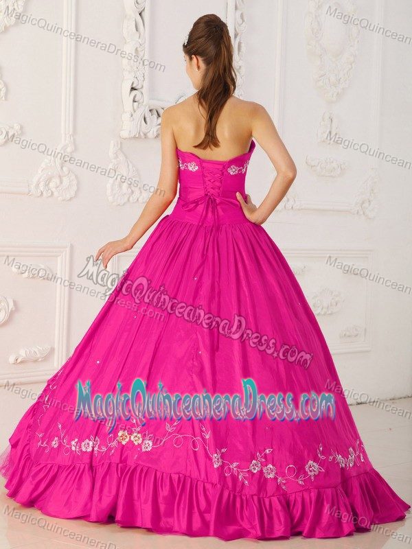 Hot Pink Sweetheart Floor-length Embroidered Quince Dress with Beading