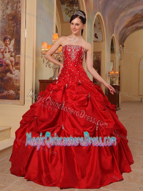 Red Strapless Taffeta Quinceanera Gown with Beading and Embroidery in Sandy