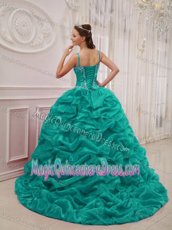 Turquoise Organza Beaded Quince Dress with Spaghetti Straps and Court Train
