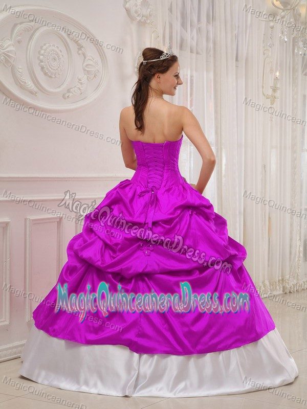 Fuchsia and White Taffeta Quinceanera Dress with Beading and Pick-ups in Irving