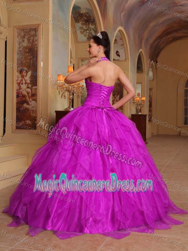 Halter Floor-length Organza Embroidered Quinceanera Gown in Fuchsia