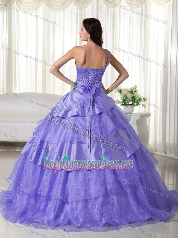 Purple One Shoulder Full-length Quinces Dresses with Beading and Layers