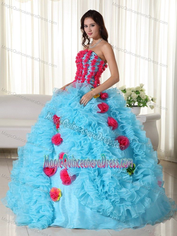 Unique Blue Strapless Long Dresses For Quinceanera with Flowers and Ruffles