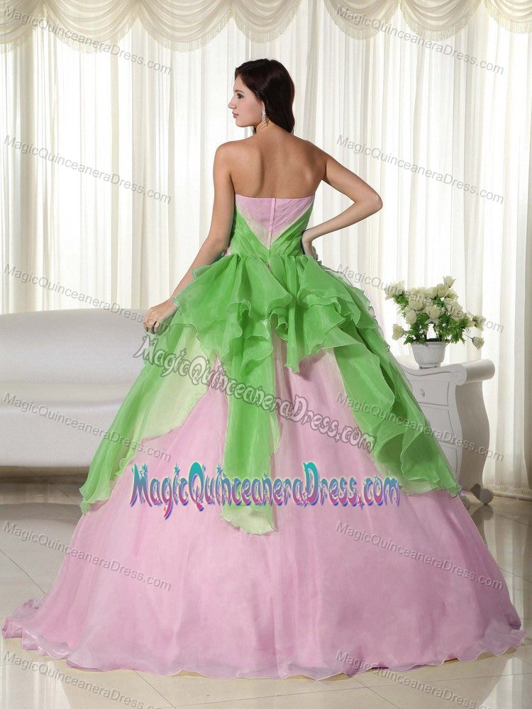 Green and Pink Beaded Strapless Long Sweet Sixteen Dresses with Flowers