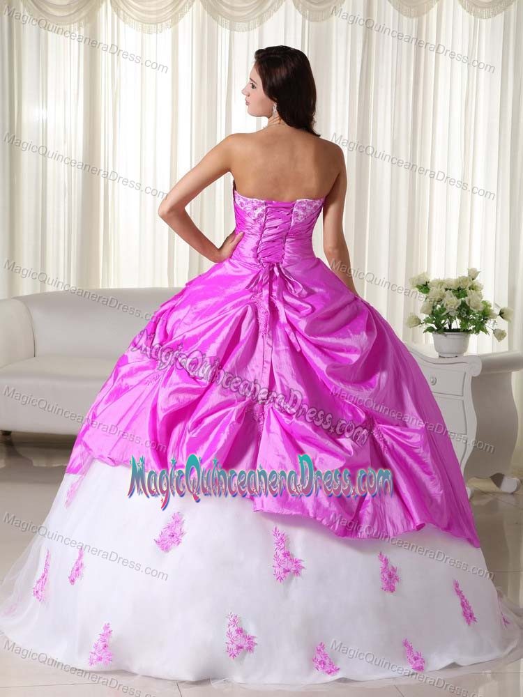 Hot Pink and White Appliqued Sweetheart Full-length Sweet Sixteen Dress