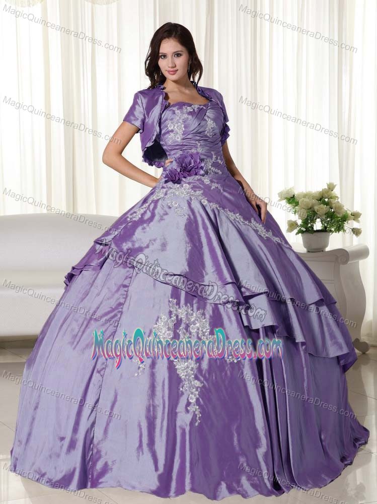 Purple Strapless Floor-length Quinces Dresses with Appliques and Flowers