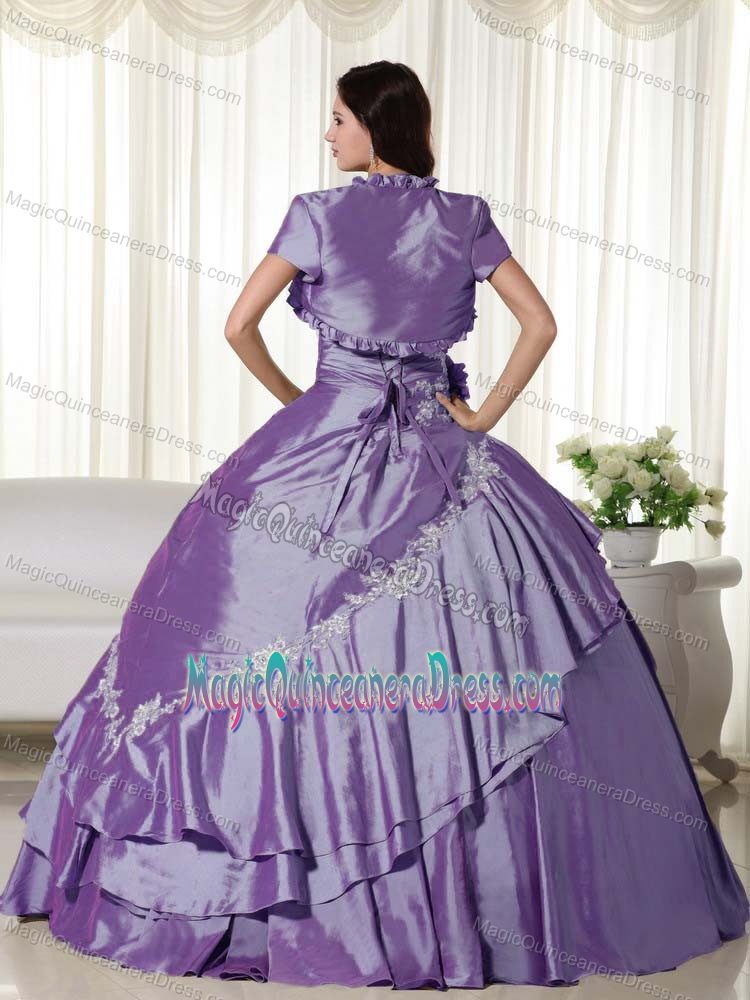 Purple Strapless Floor-length Quinces Dresses with Appliques and Flowers