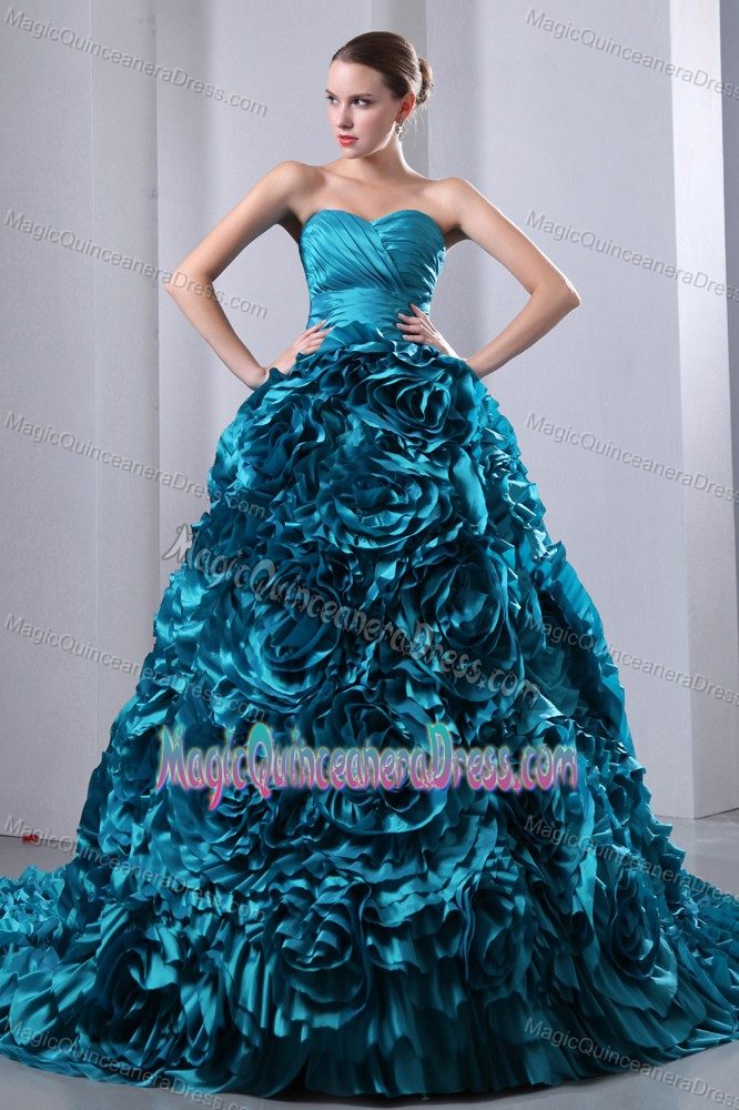 Teal Sweetheart Brush Train Dresses For Quinceanera with Rolling Flowers