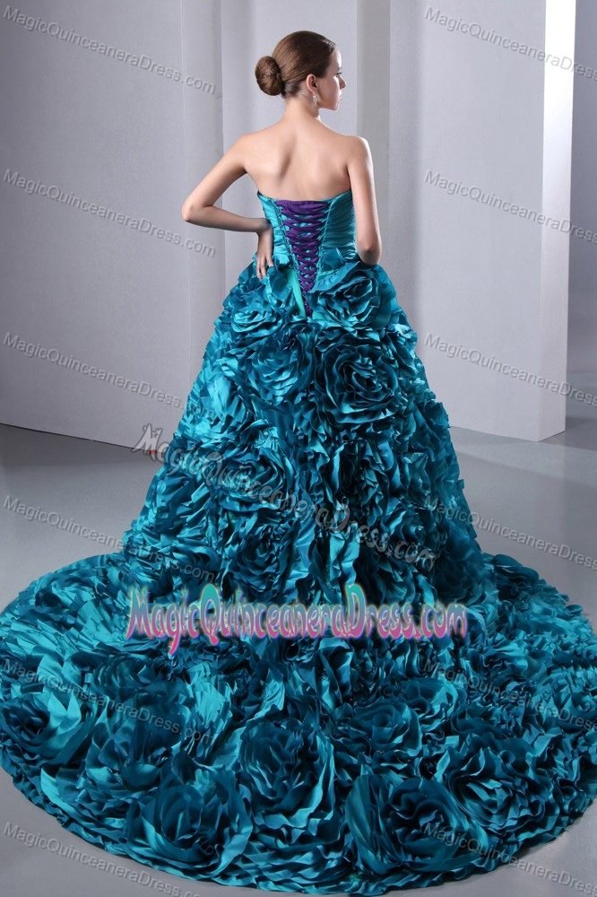Teal Sweetheart Brush Train Dresses For Quinceanera with Rolling Flowers