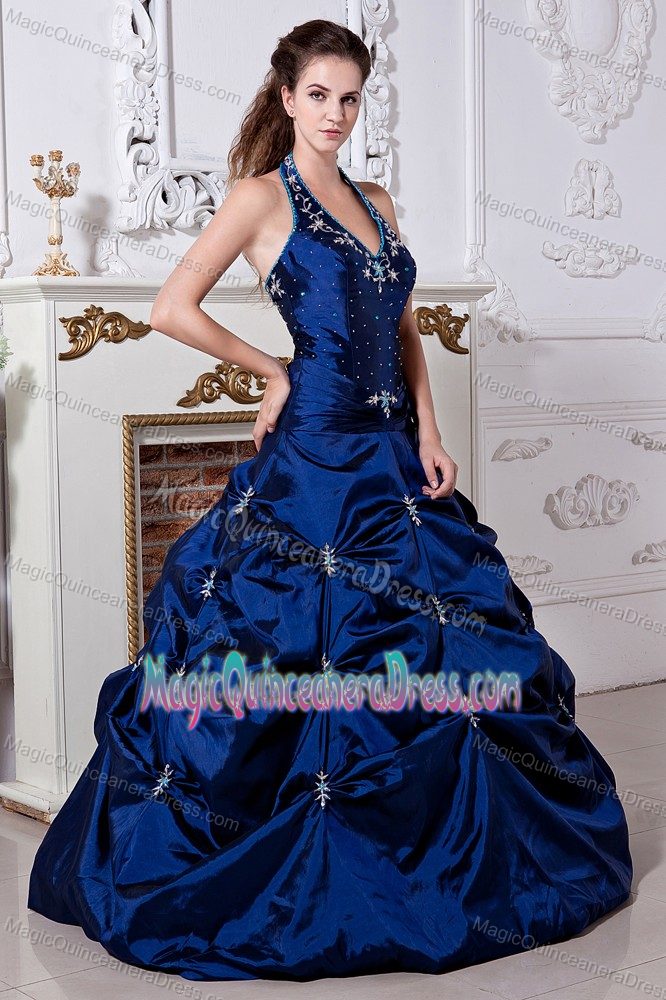 Navy Blue Halter Long Quinceanera Dresses with Pick-ups and Embroidery