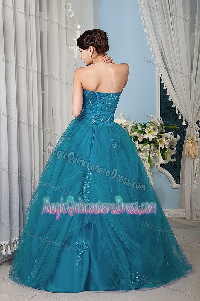 Hot Sale Teal Strapless Floor-length Dresses For Quinceanera with Beading