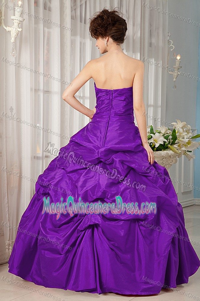 Purple Strapless Full-length Sweet 15 Dresses with Appliques and Pick-ups