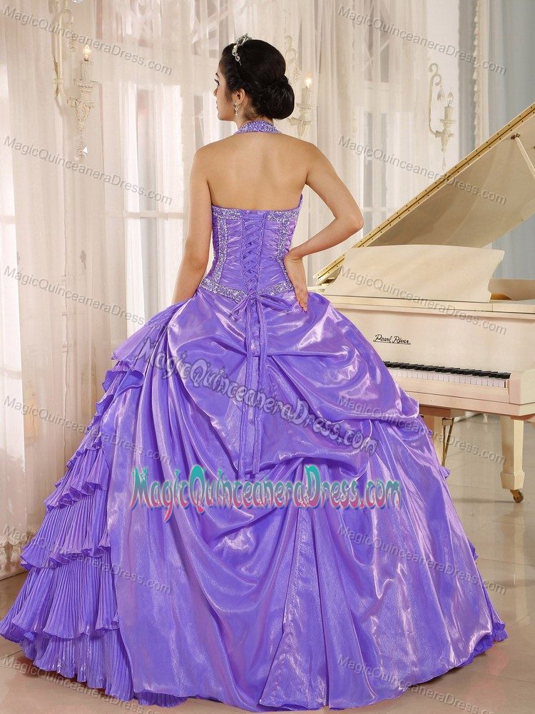 Purple Beaded Halter Pleated Full-length Dress For Quinceanera in Trenton