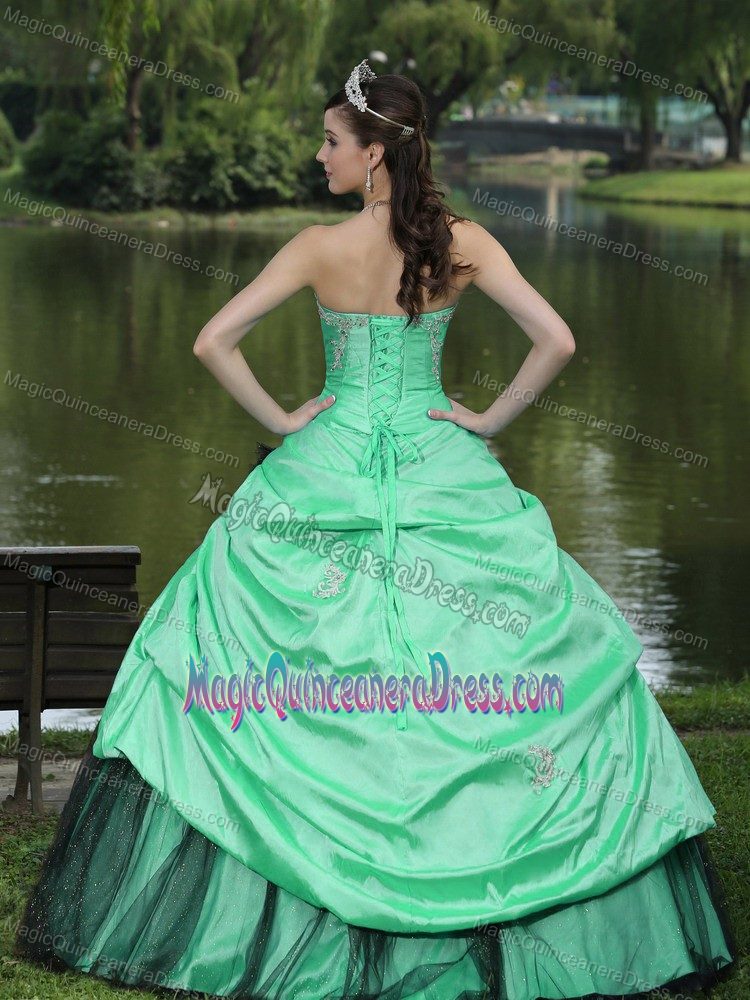 Apple Green Beaded Sweetheart Long Sweet Sixteen Dresses with Pick-ups