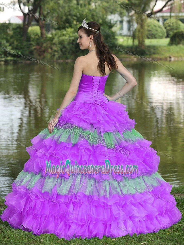 Special Multi-color Beaded Strapless Long Sweet 16 Dresses with Ruffles