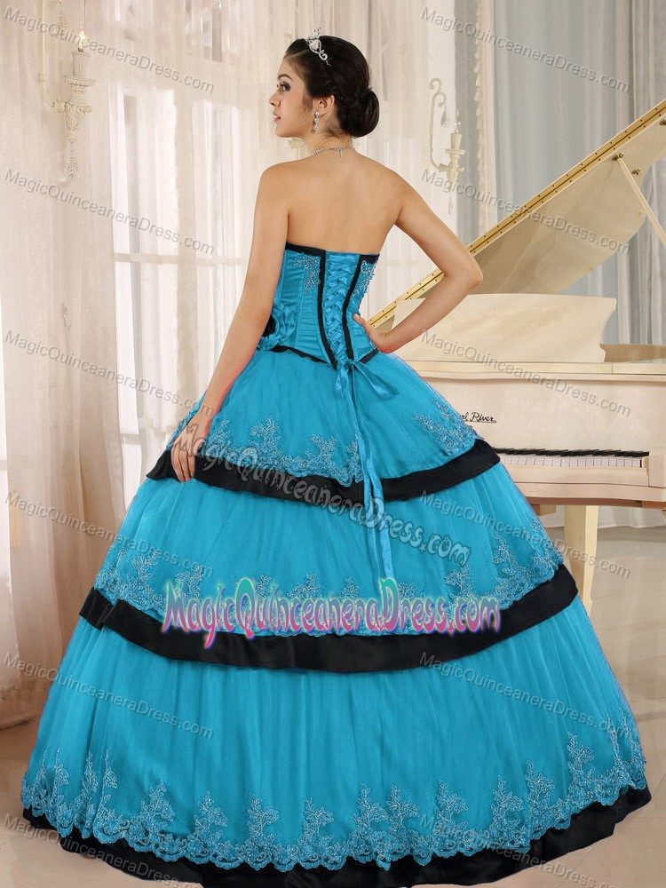 Luxurious Strapless Aqua Blue Long Sweet 15 Dress with Flowers in Utica