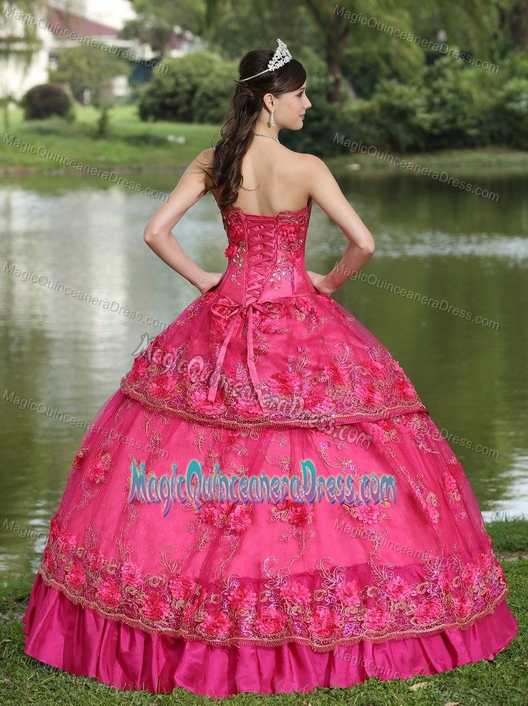 Hot Pink Strapless Full-length Sweet Sixteen Dresses with Flowers in Tulsa