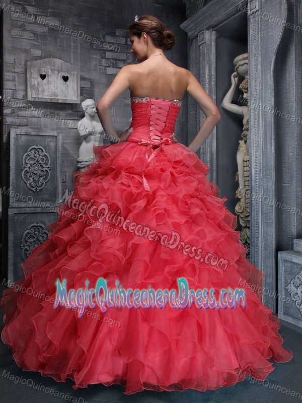 New Sweetheart Red Full-length Quince Dresses with Ruffles and Beading
