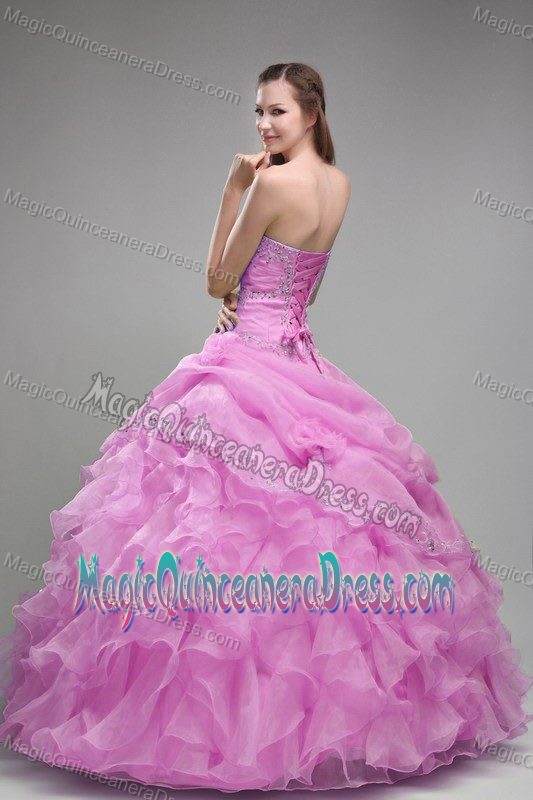 Strapless Rose Pink Long Quinceaneras Dress with Ruffles and Embroidery