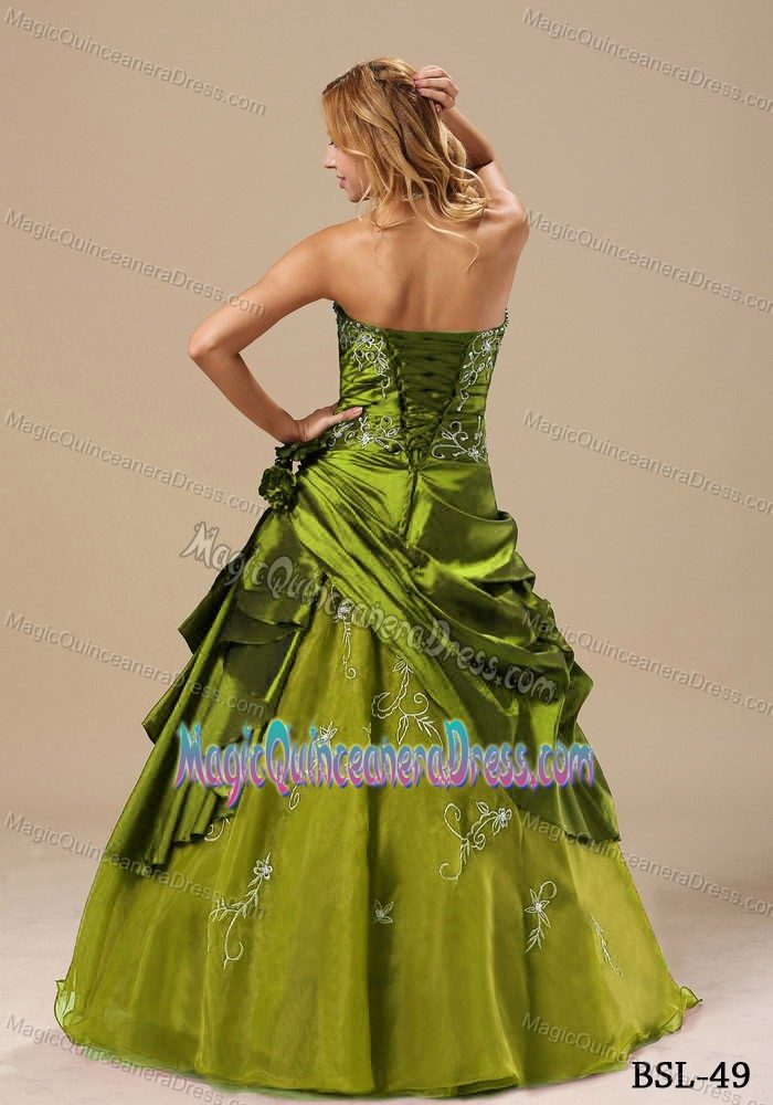 Strapless Olive Green Long Quinceanera Dresses with Embroidery and Flower