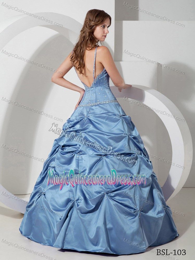 Light Blue Beaded Long Quince Dress with Pick-ups and Spaghetti Straps