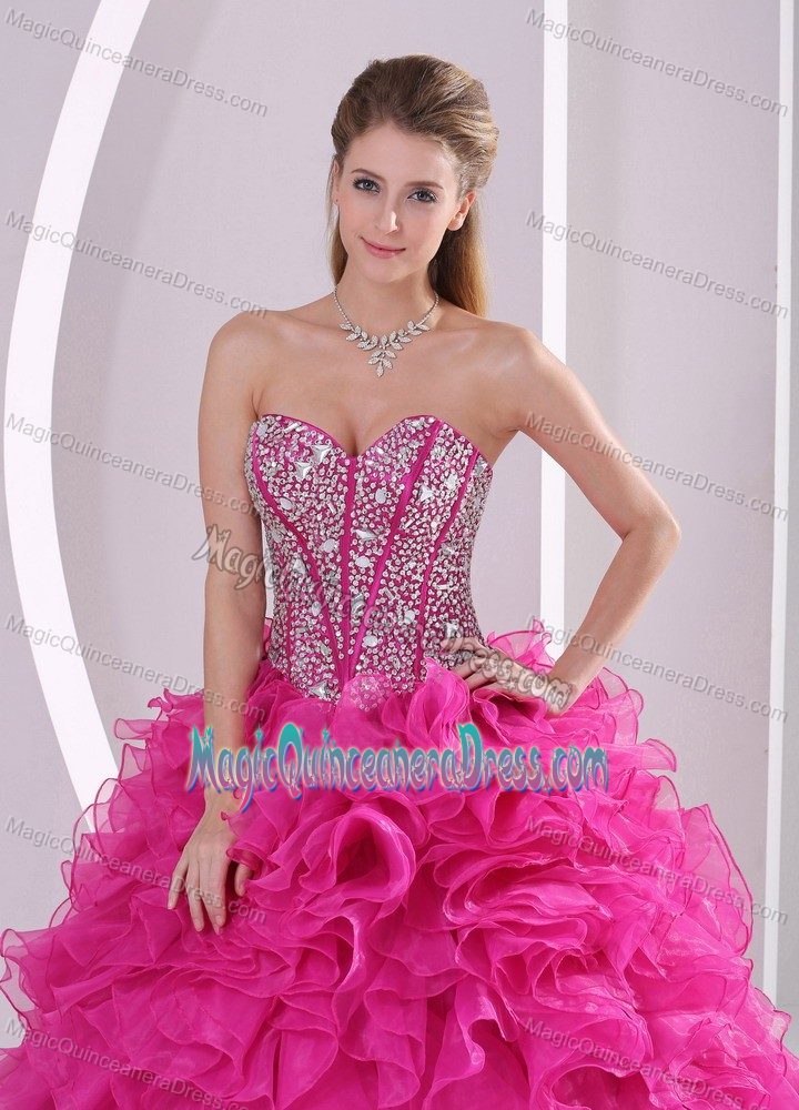 Hot Pink Sweetheart Long Sweet Sixteen Dresses with Ruffles and Beading
