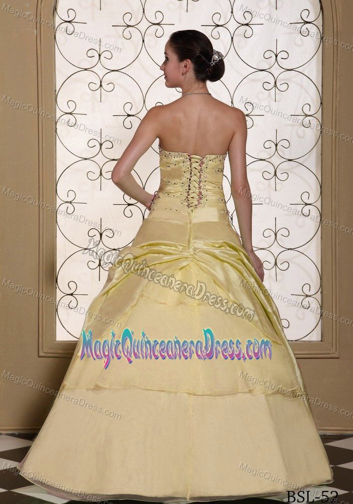Lace-up Light Yellow Full-length Quince Dresses with Flower and Beading