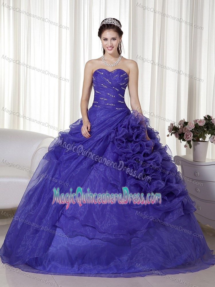 Elegant Purple Sweetheart Long Quinces Dresses with Ruffles and Beading