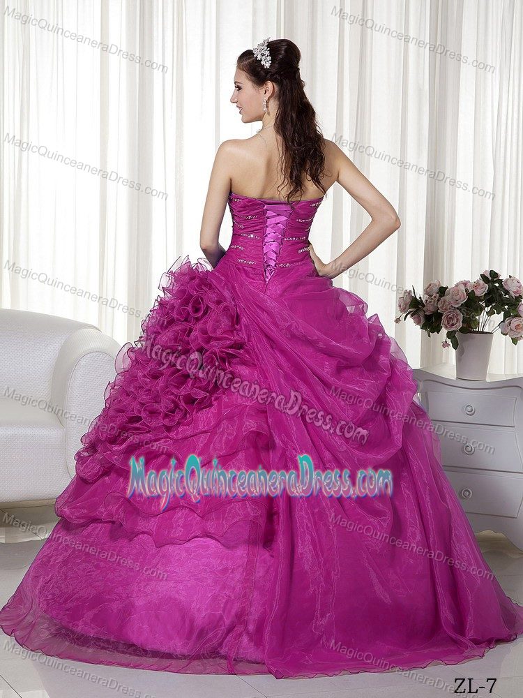 Fuchsia Beaded Sweetheart Long Quinceaneras Dress with Ruffles in Boise