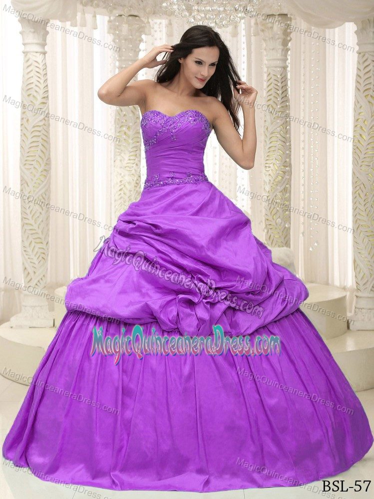 Unique Purple Beaded Sweetheart Full-length Quince Dresses with Pick-ups