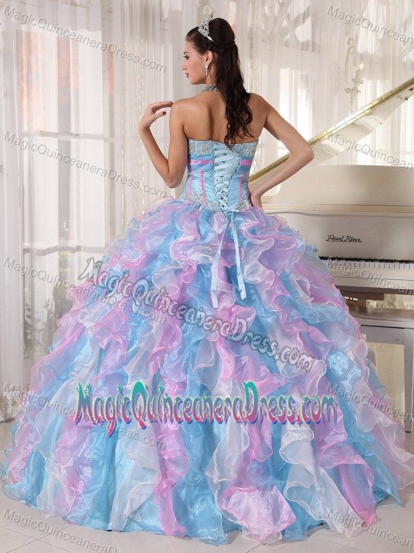 Lovely Sweetheart Colorful Beaded Long Quince Dress with Ruffles in Kent