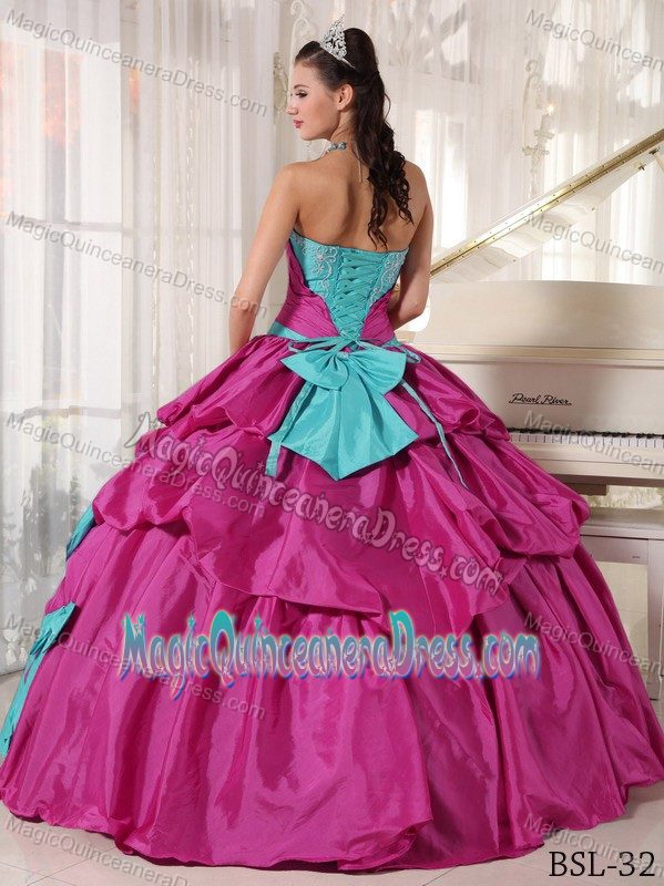 Sweetheart Aqua and Fuchsia Long Quinces Dresses with Pickups and Bow