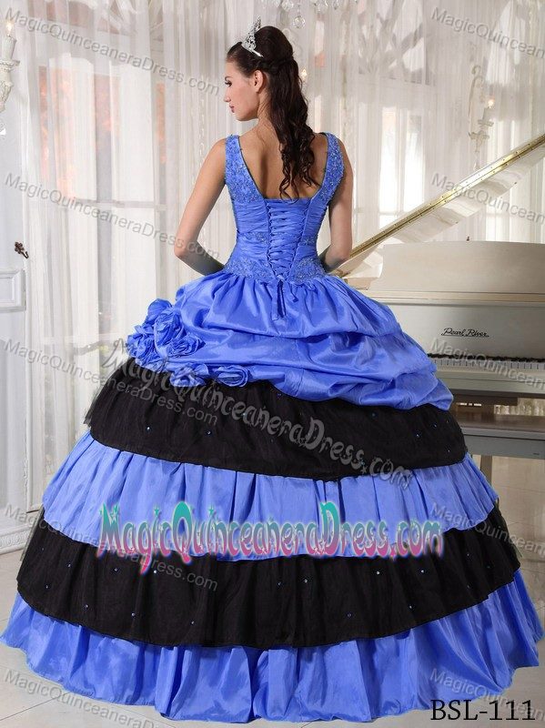 Blue and Black V-neck Long Quinceanera Gown with Pick-ups and Flowers
