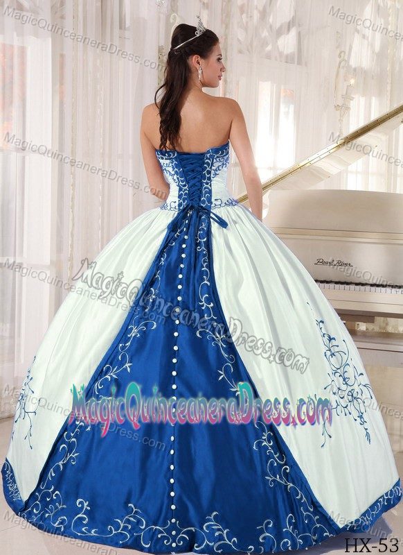 White and Blue Strapless Floor-length Quinceanera Gowns with Embroidery
