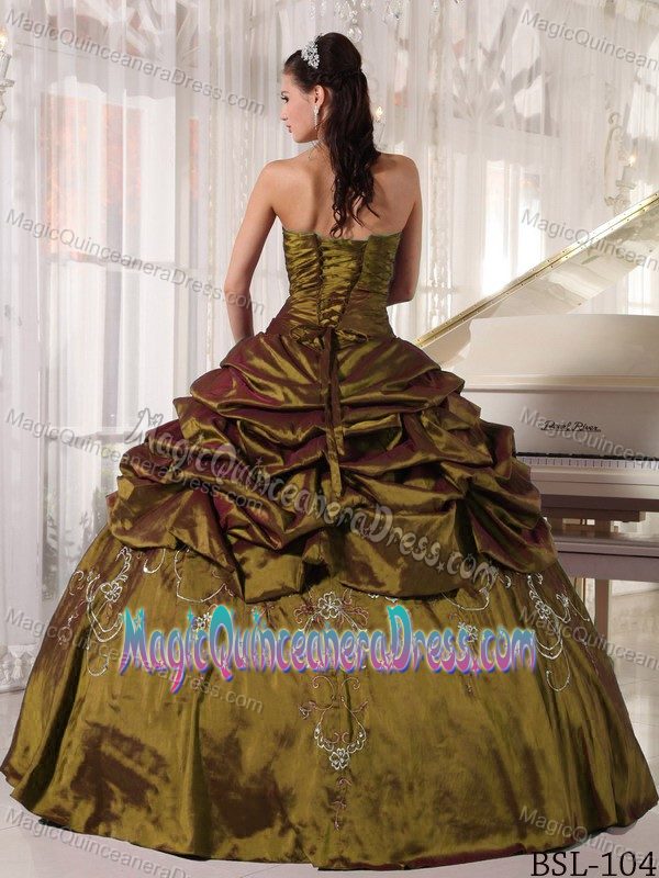 Olive Green Strapless Long Quinces Dresses with Embroidery and Pick-ups