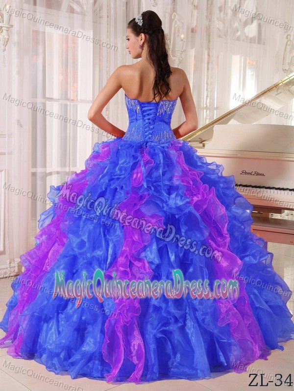 Blue and Purple Beaded Sweetheart Long Quince Dress with Ruffles in Lisle