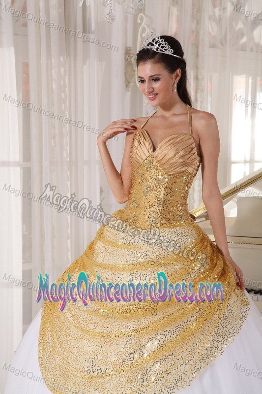 Halter Champagne and White Long Quince Dress with Applique and Sequin