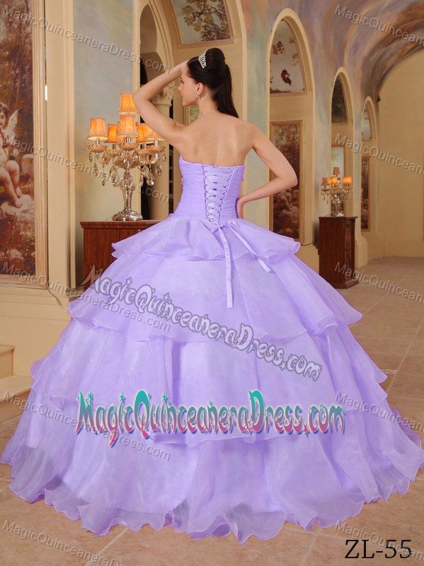 Lavender Lace-up Long Quinces Dresses with Flower and Layers in Duluth