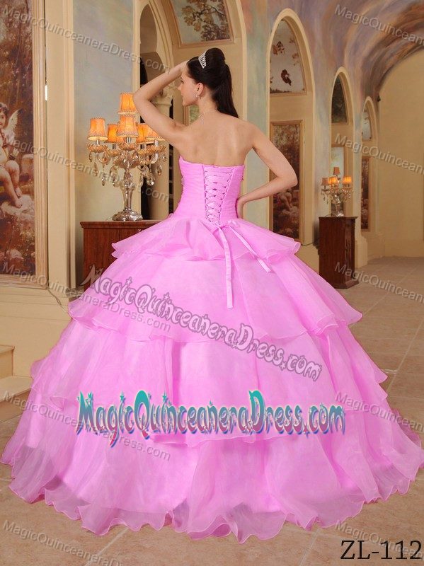 Sweetheart Rose Pink Full-length Quinceanera Dresses with Flower and Layers