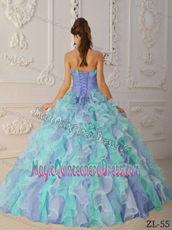 Multi-color Strapless Floor-length Quinces Dresses with Ruffles and Flowers