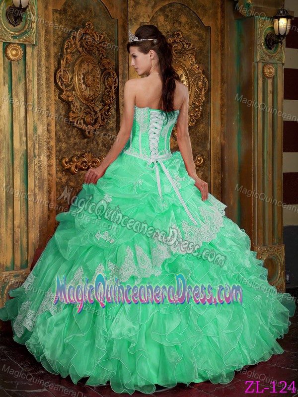 Strapless Apple Green Long Quinceanera Gown with Appliques and Ruffles
