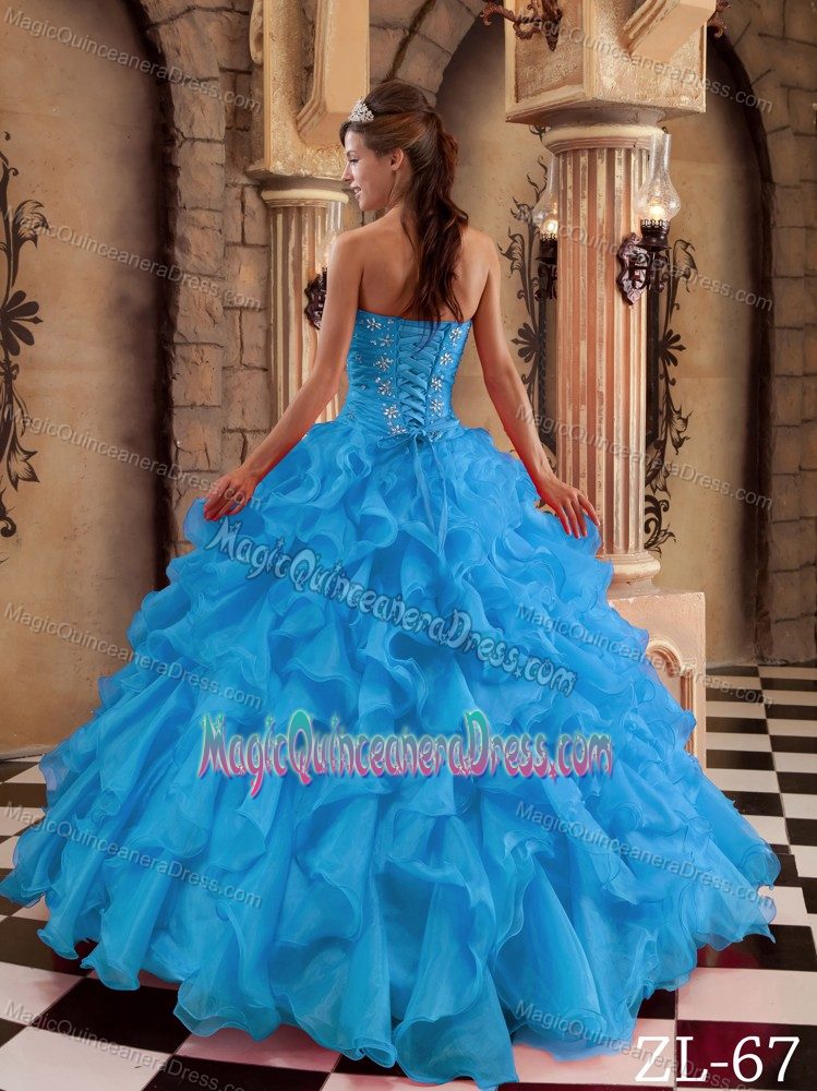 Aqua Blue Beaded Sweetheart Floor-length Quinceanera Gown with Ruffles